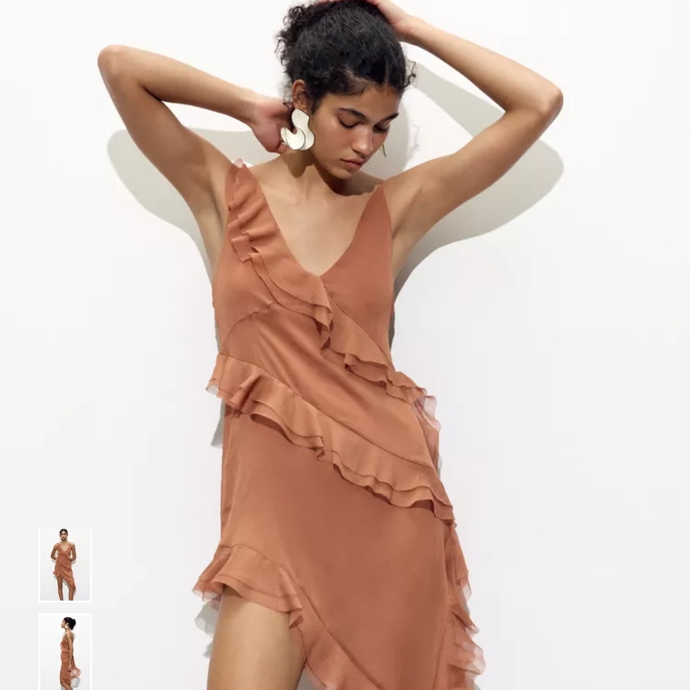 Zara Ruffled Mini Dress in Brown - Picture 2 of 14